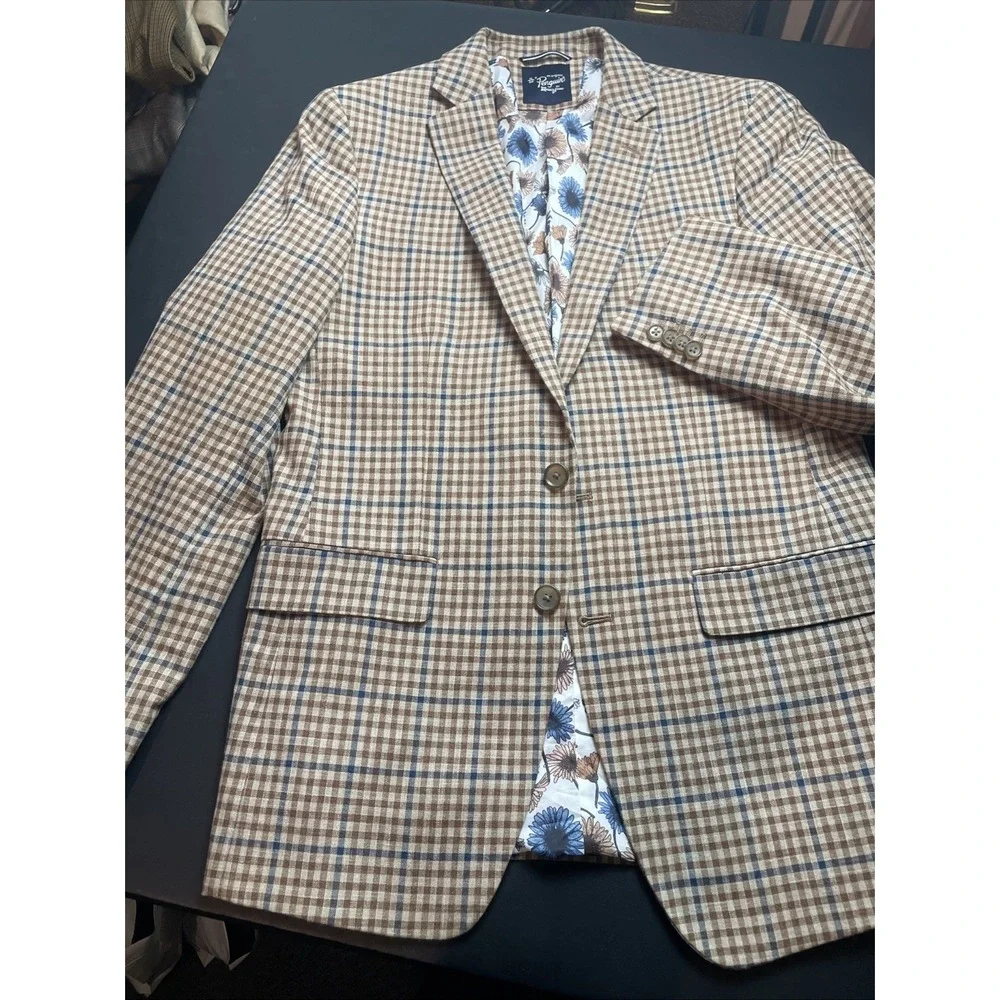 Original men's S 38S Penguin Blue and Brown Plaid Blazer Cotton Poly Blend